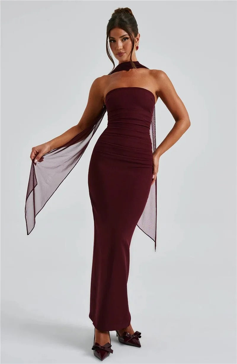 Elegant Strapless Maxi Dress – Scarf Neck Backless Evening Gown