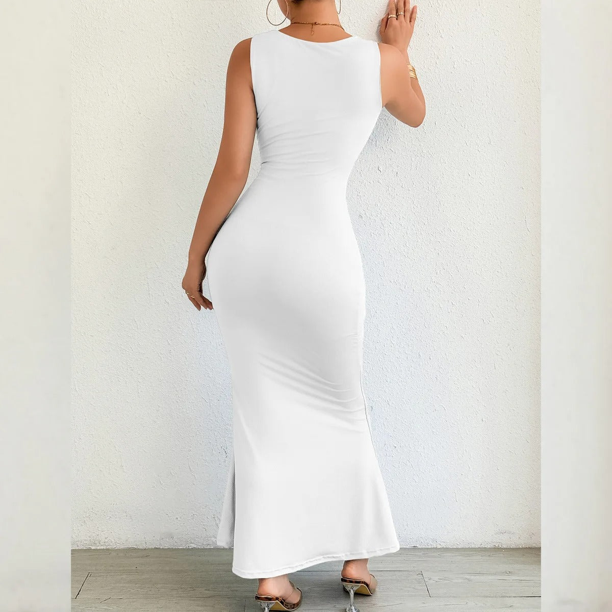 Cut Out Maxi Dress – Sleeveless Ruched Bodycon Evening Party Gown