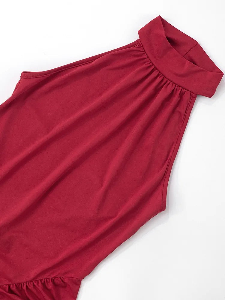 Halter Neck Evening Gown – Sleeveless Ruched Maxi Dress with High Slit