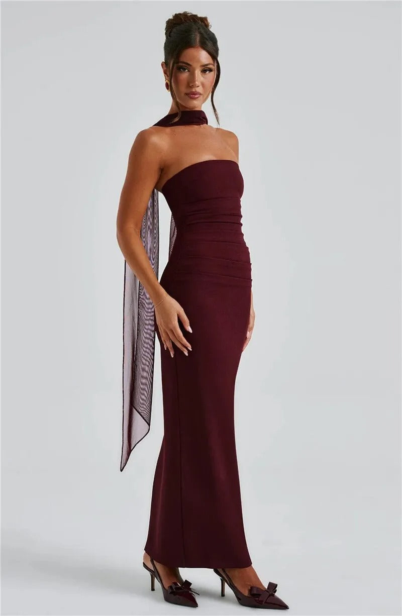 Elegant Strapless Maxi Dress – Scarf Neck Backless Evening Gown