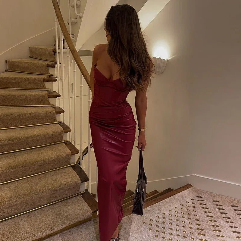 Faux Leather Strapless Maxi Dress – Elegant Party Gown