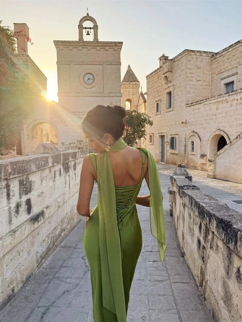 Elegant Lace Up Satin Backless Maxi Dress – Evening Gown