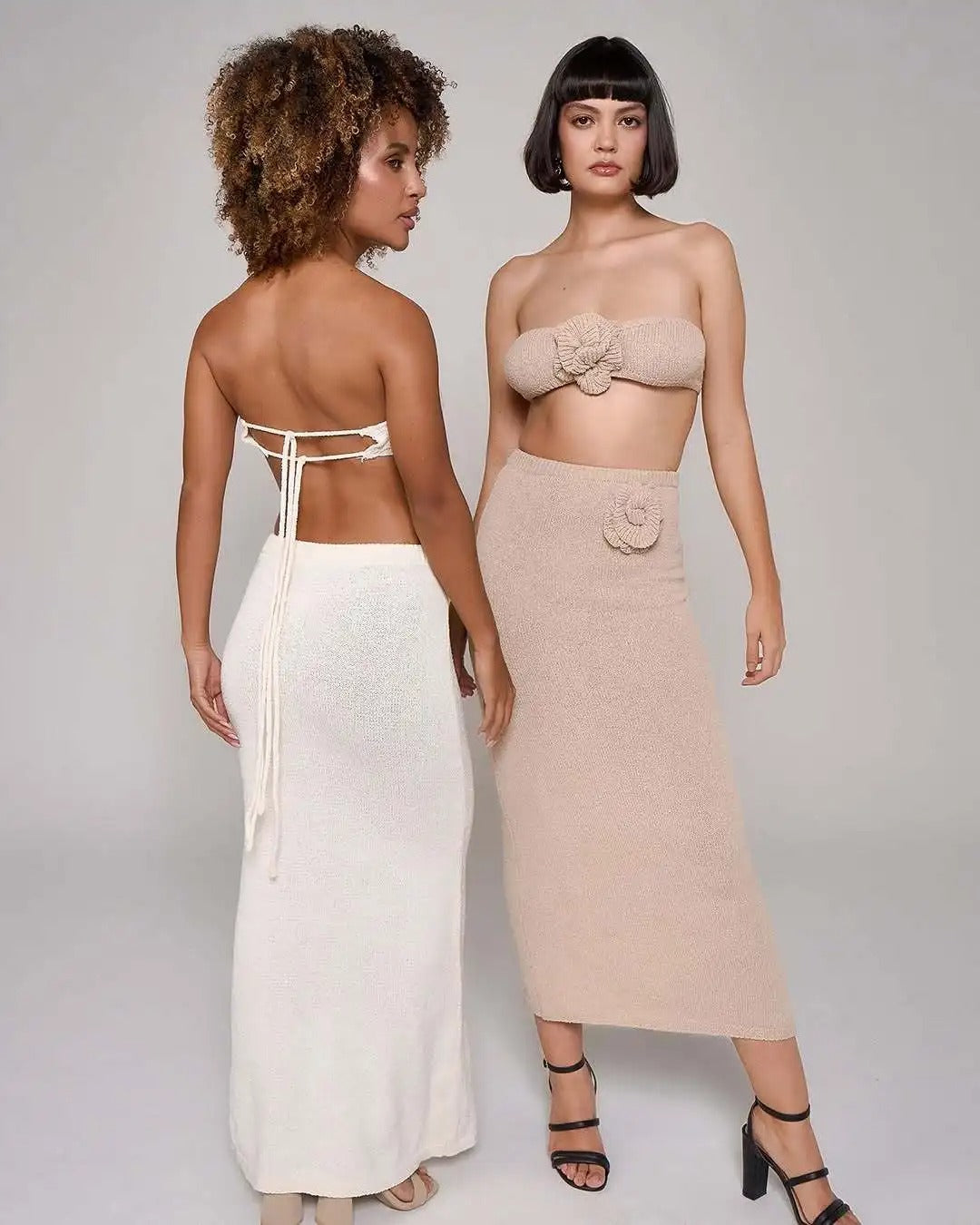 Knit Two Piece Set – Strapless Crop Top & Maxi Skirt Beach Outfit