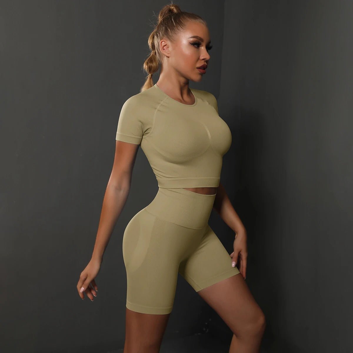 Seamless Workout Set – Short Sleeve Crop Top & High Waist Biker Shorts Activewear