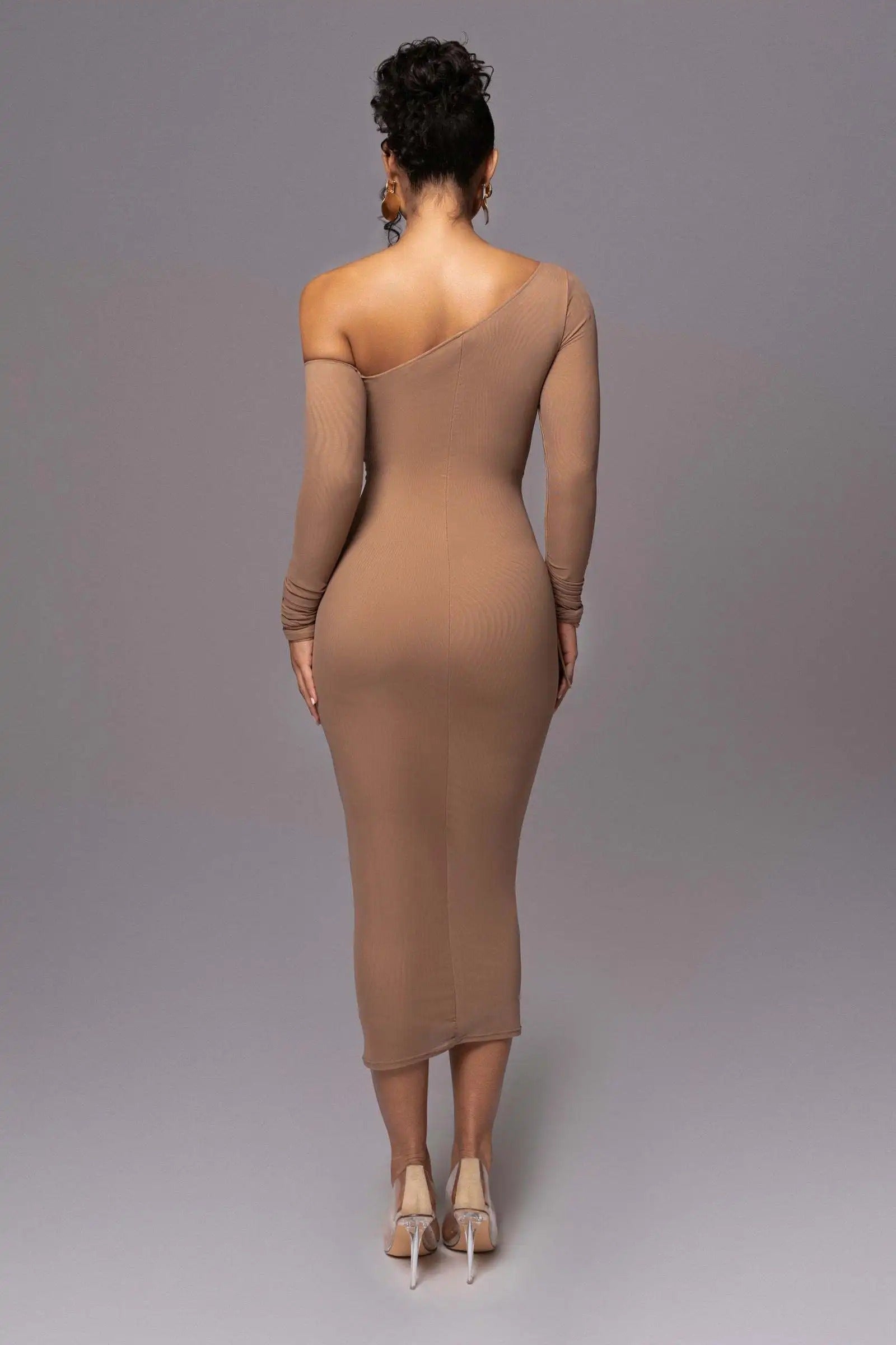 Elegant One Shoulder Long Sleeve Midi Dress – Bodycon Ruched Party Outfit