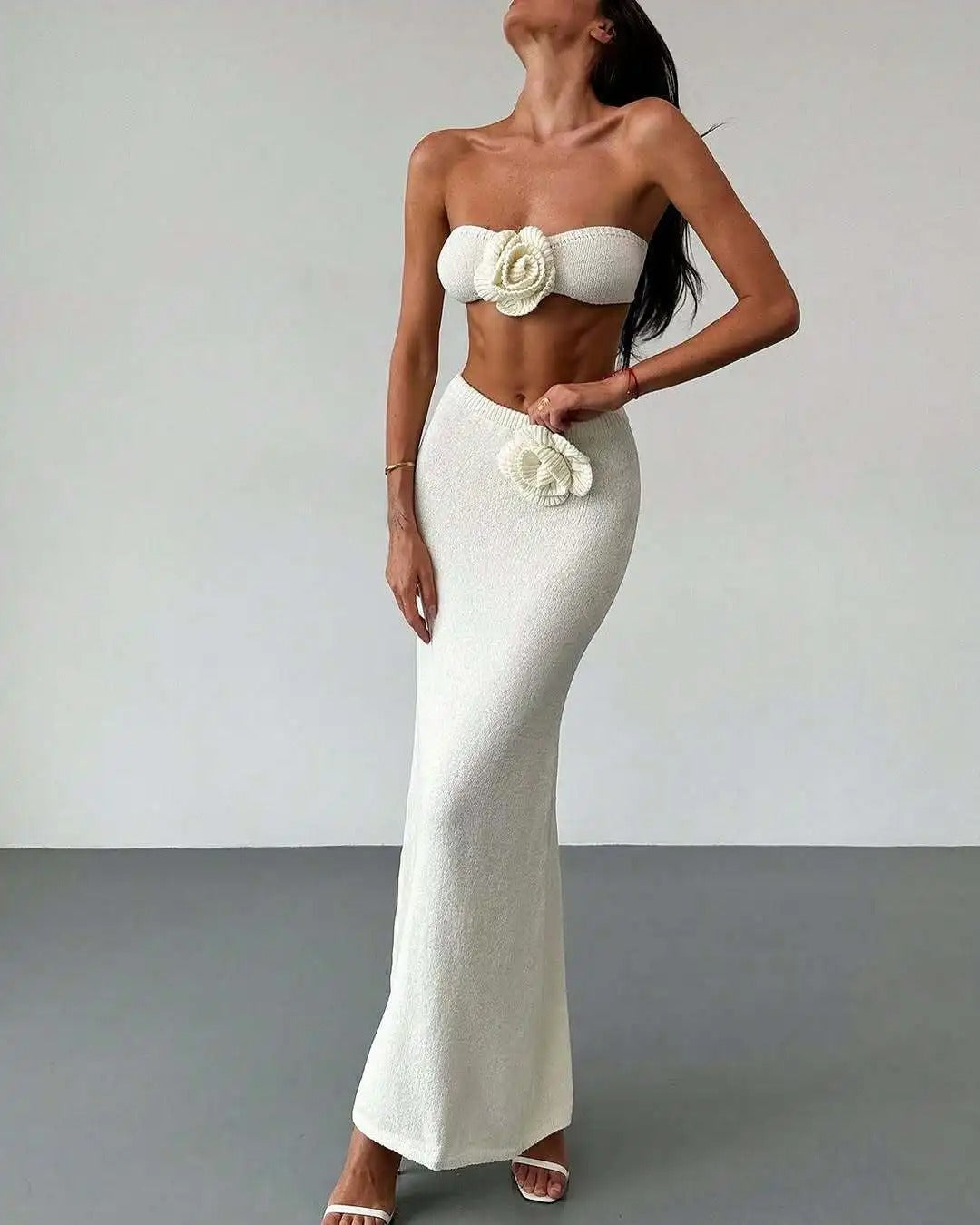 Knit Two Piece Set – Strapless Crop Top & Maxi Skirt Beach Outfit