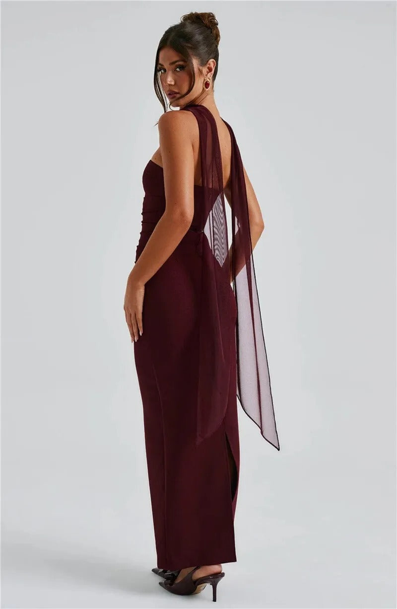 Elegant Strapless Maxi Dress – Scarf Neck Backless Evening Gown