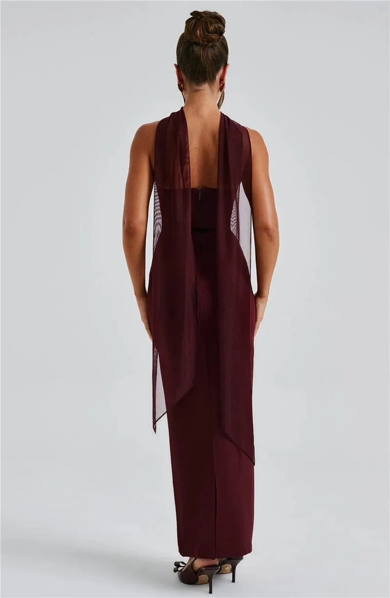 Elegant Strapless Maxi Dress – Scarf Neck Backless Evening Gown