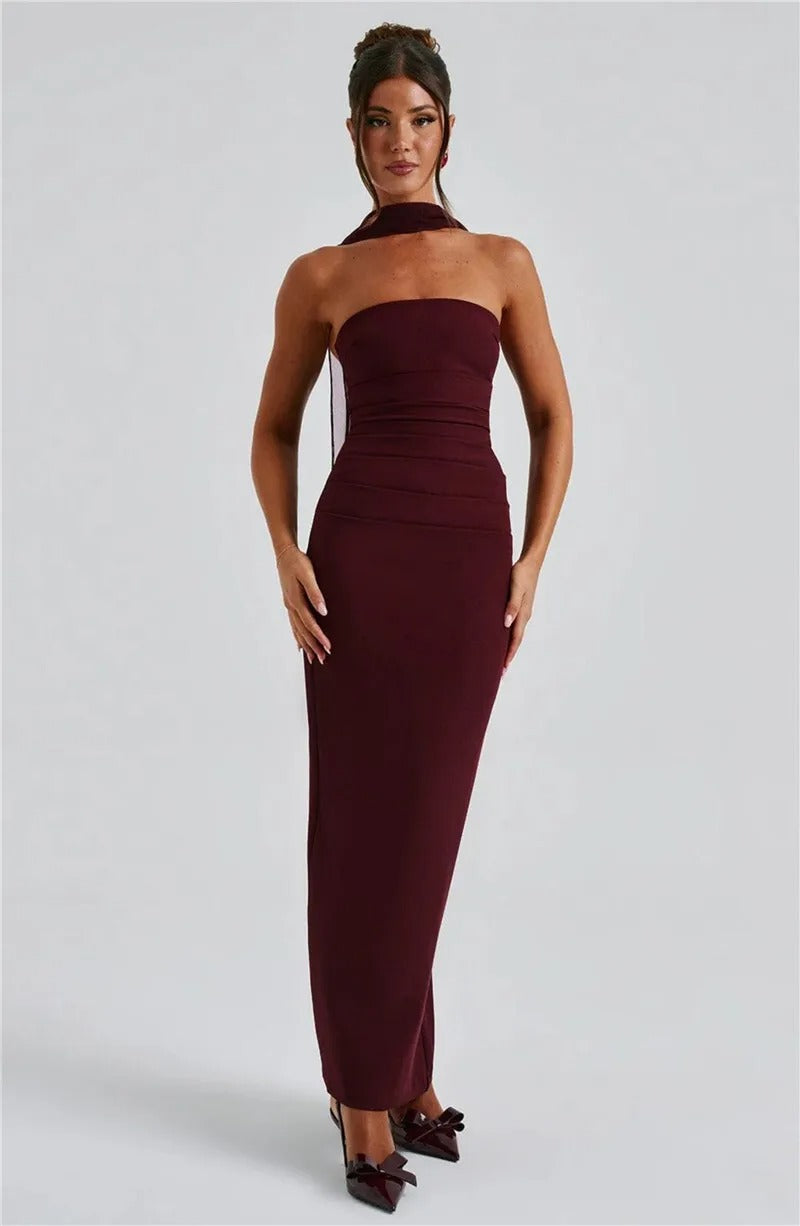 Elegant Strapless Maxi Dress – Scarf Neck Backless Evening Gown