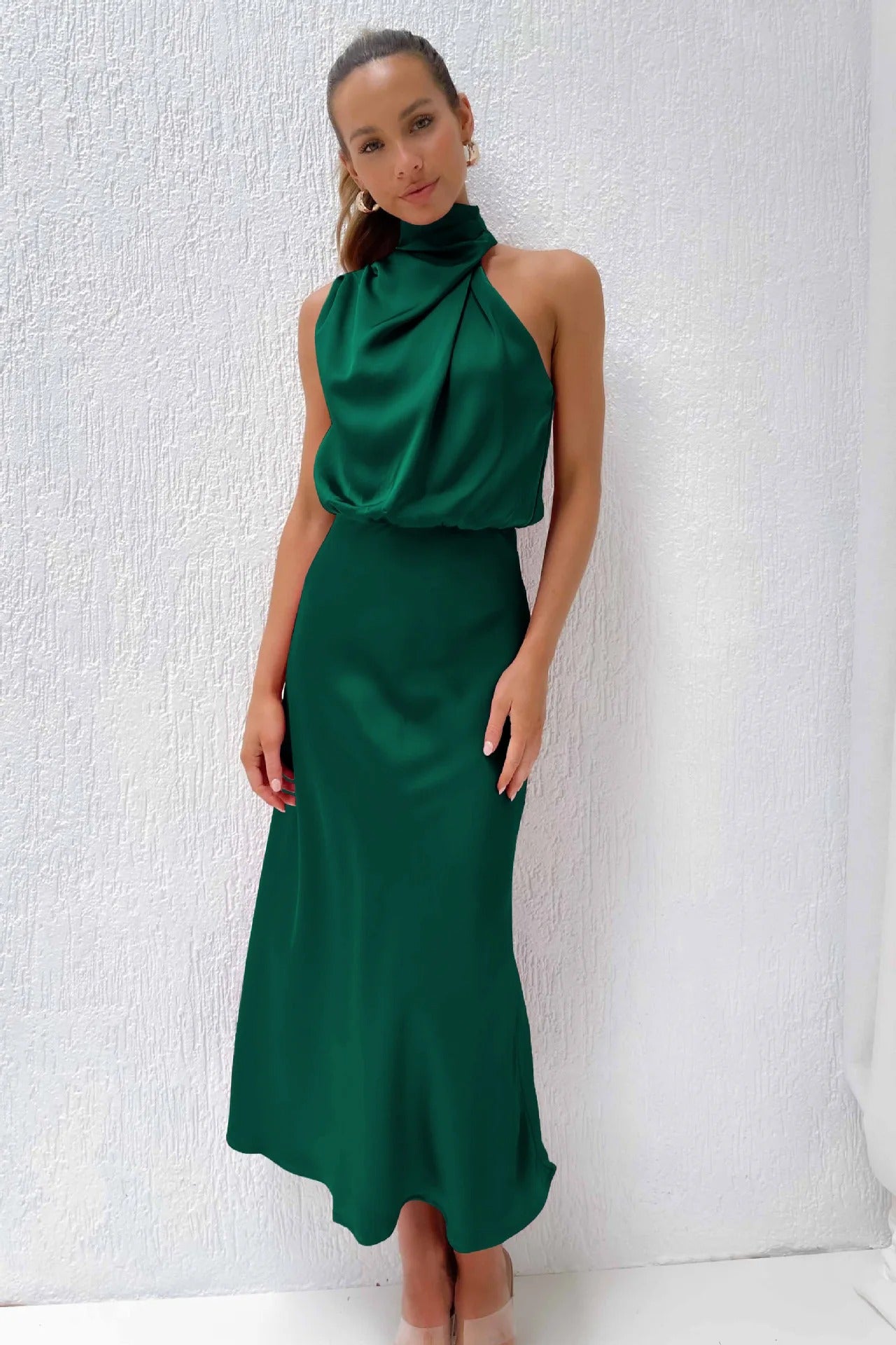 Satin Halter Neck Evening Dress Formal Gown