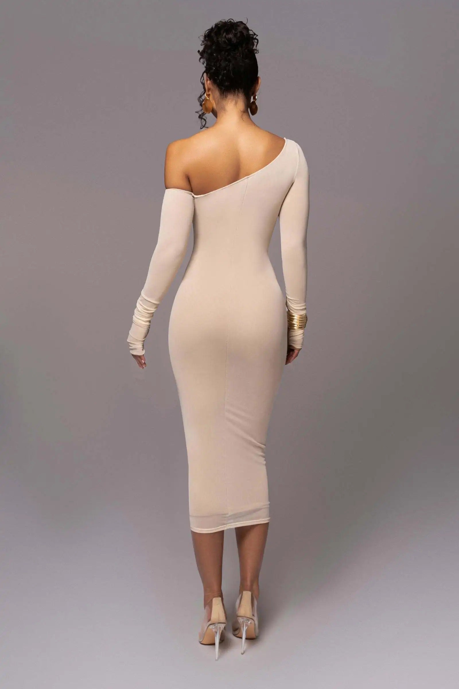 Elegant One Shoulder Long Sleeve Midi Dress – Bodycon Ruched Party Outfit