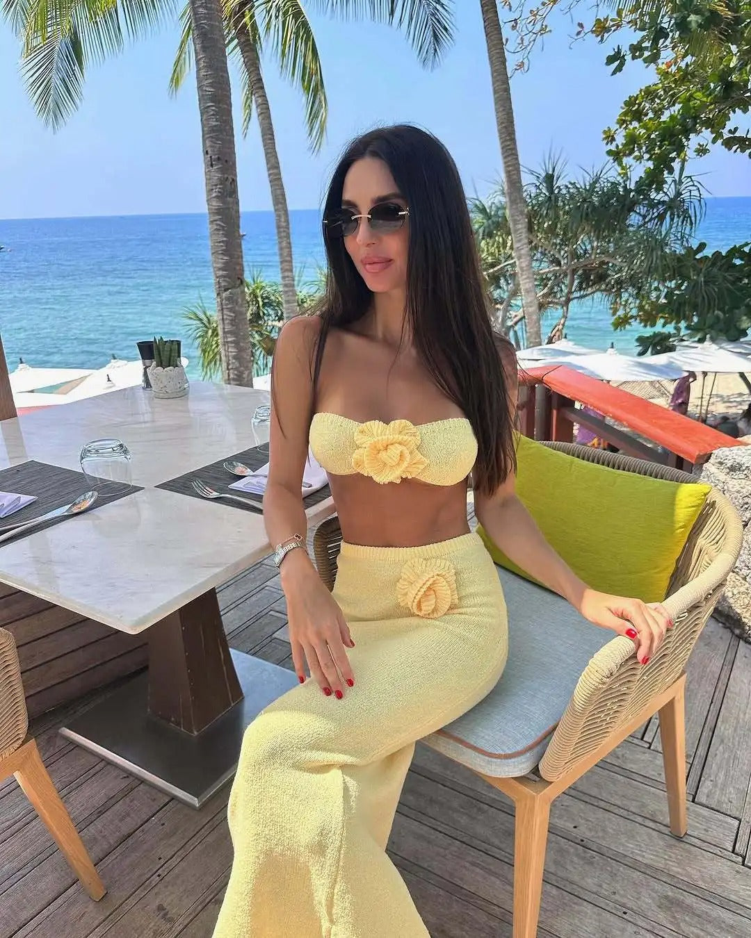 Knit Two Piece Set – Strapless Crop Top & Maxi Skirt Beach Outfit