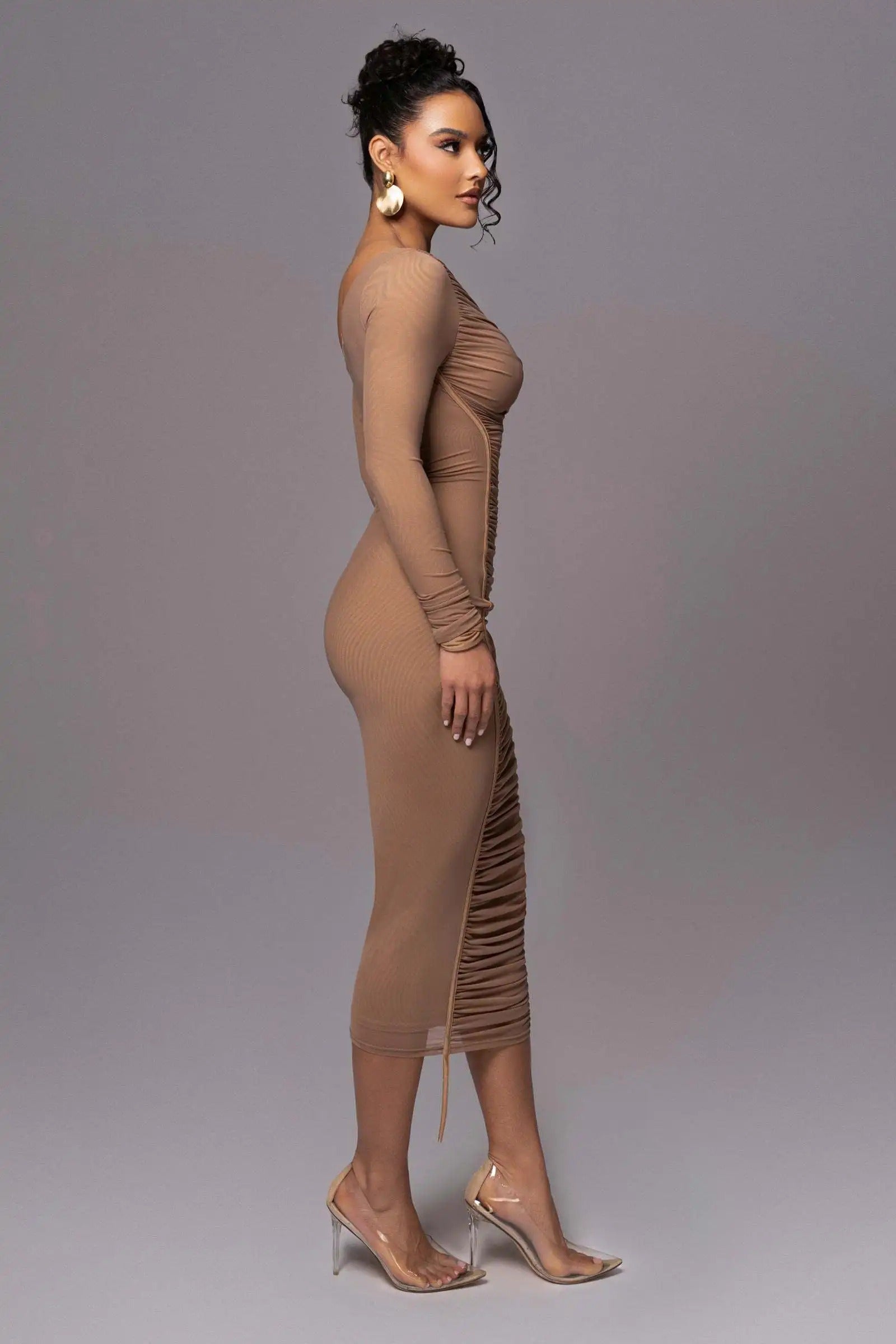 Elegant One Shoulder Long Sleeve Midi Dress – Bodycon Ruched Party Outfit