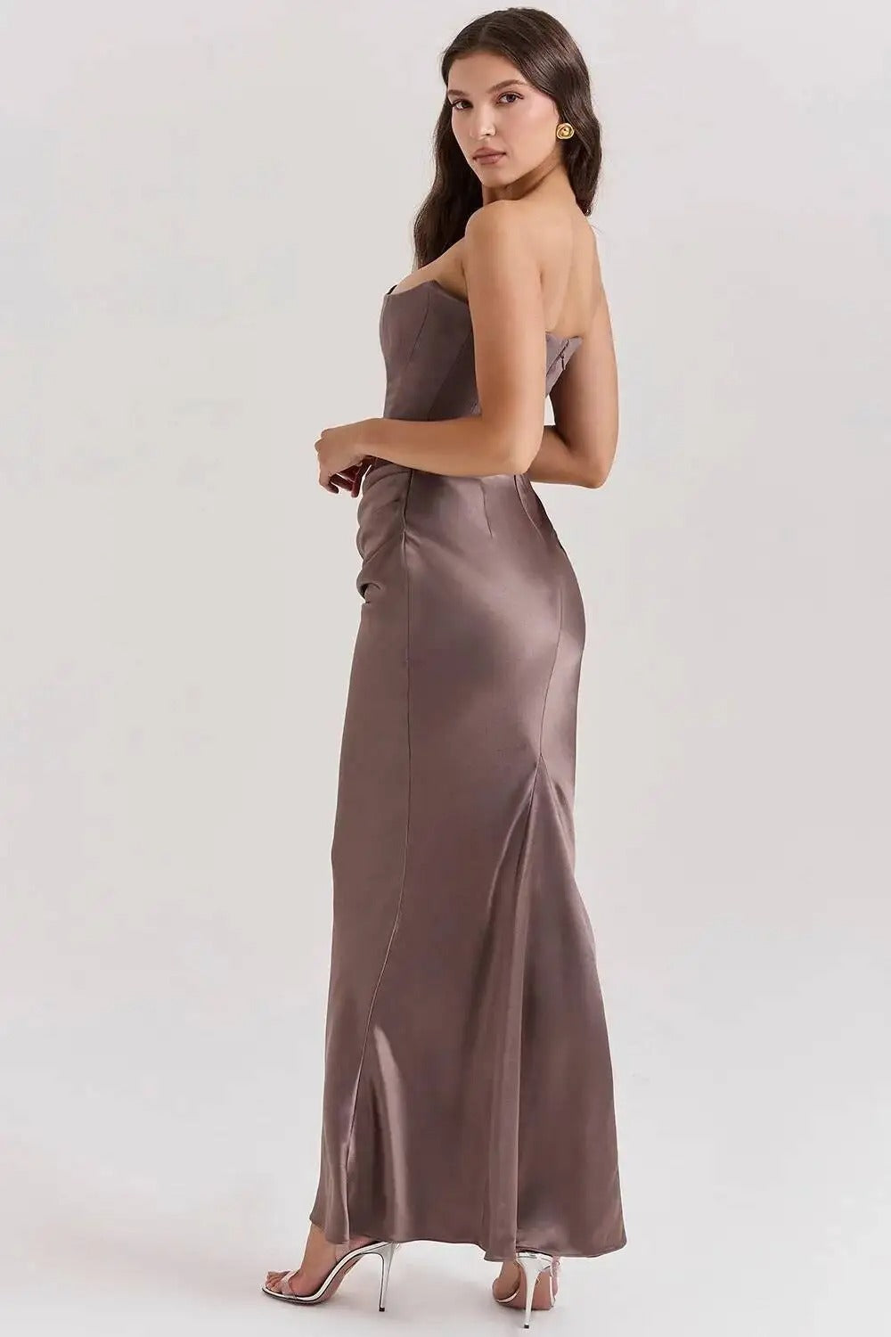 Satin Corset Strapless Maxi Dress – Elegant Off Shoulder Evening Gown