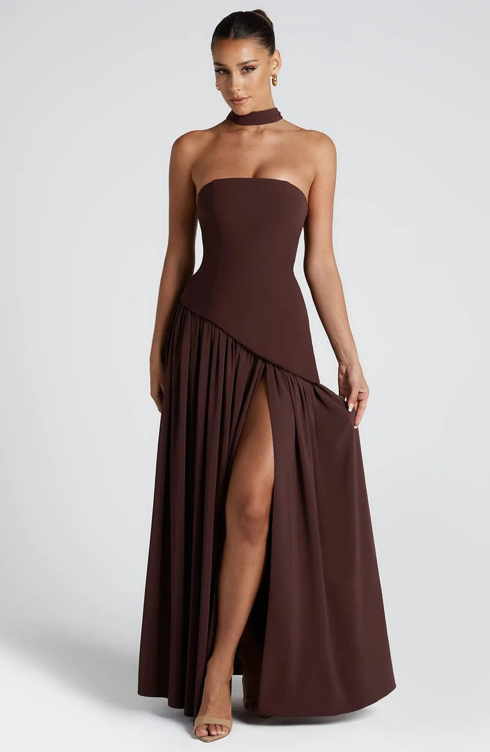 Strapless Maxi Dress – Elegant High Slit Chiffon Evening Gown