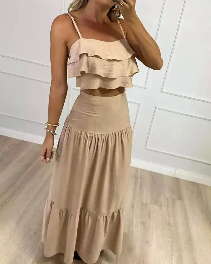 Beige Linen Two Piece Set – Ruffled Crop Top and Tiered Maxi Skirt