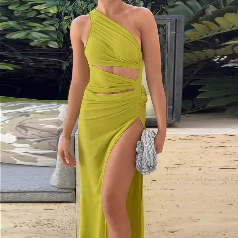 One Shoulder Cut Out Maxi Dress – Elegant High Slit Evening Gown