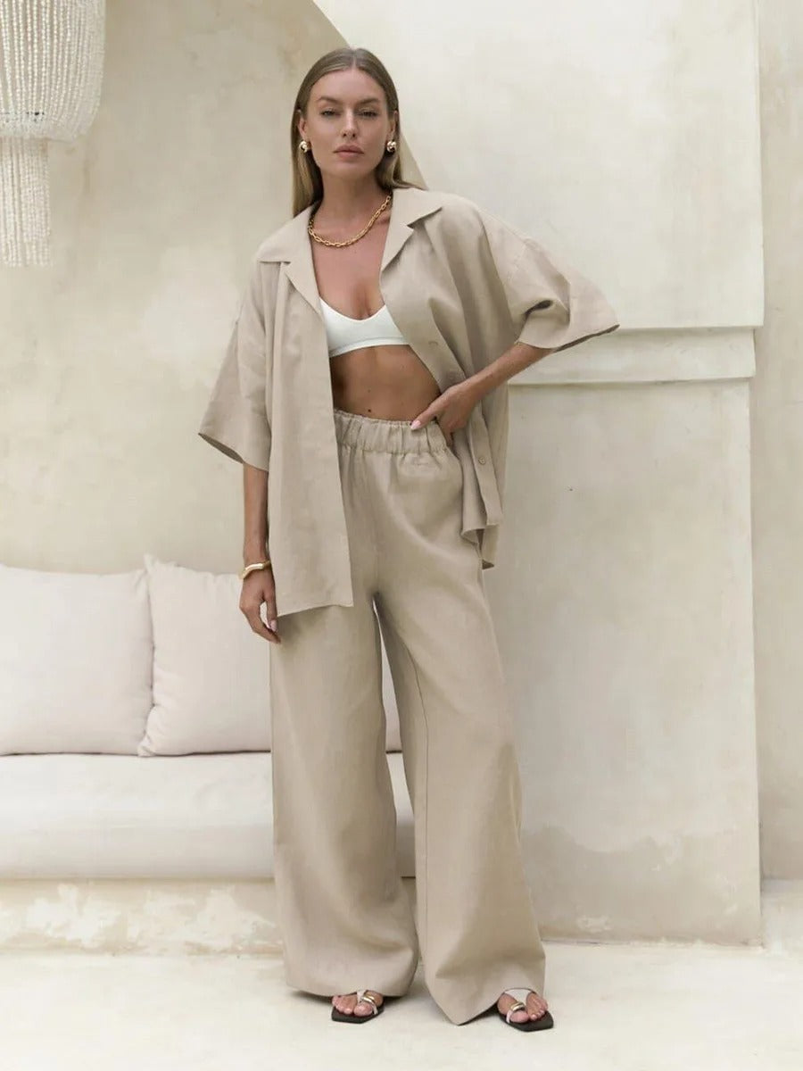 Linen Co Ord Set – Oversized Shirt and Wide Leg Trousers