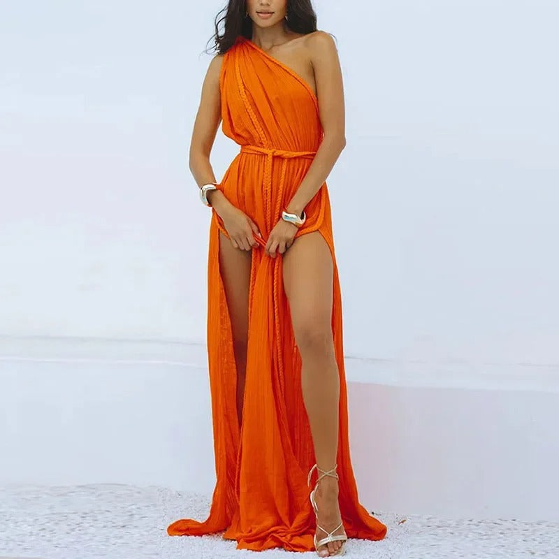 One Shoulder Maxi Dress – Boho Split Beach Evening Dress