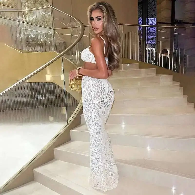 Lace Two Piece Set – Crop Top and Maxi Skirt Outfit