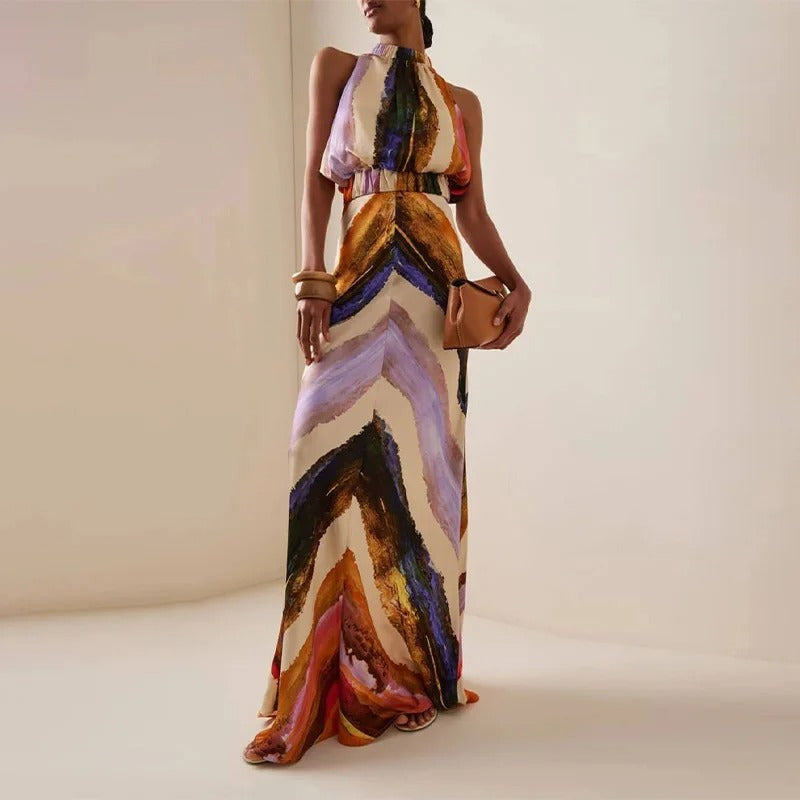 Sleeveless Maxi Dress – Boho Print Halter Neck Evening Gown