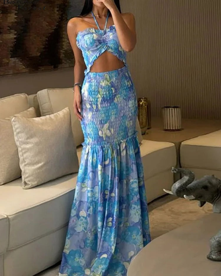 Palm Print Two Piece Set – Strapless Cut Out Ruffle Beach Dress