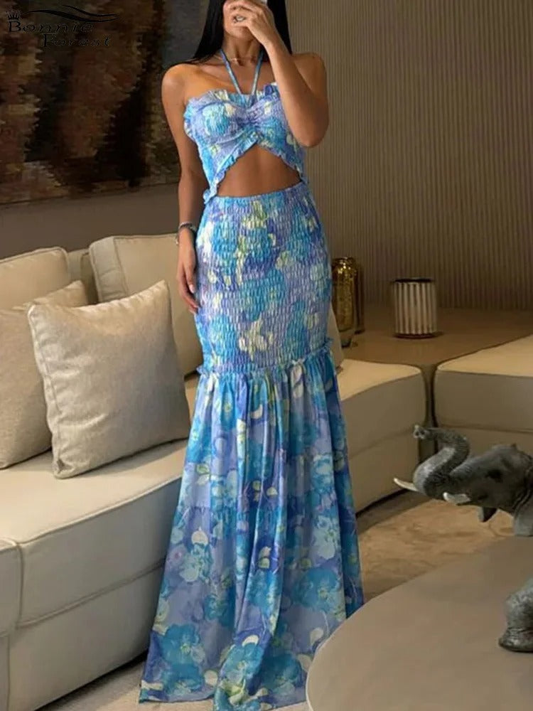 Palm Print Two Piece Set – Strapless Cut Out Ruffle Beach Dress