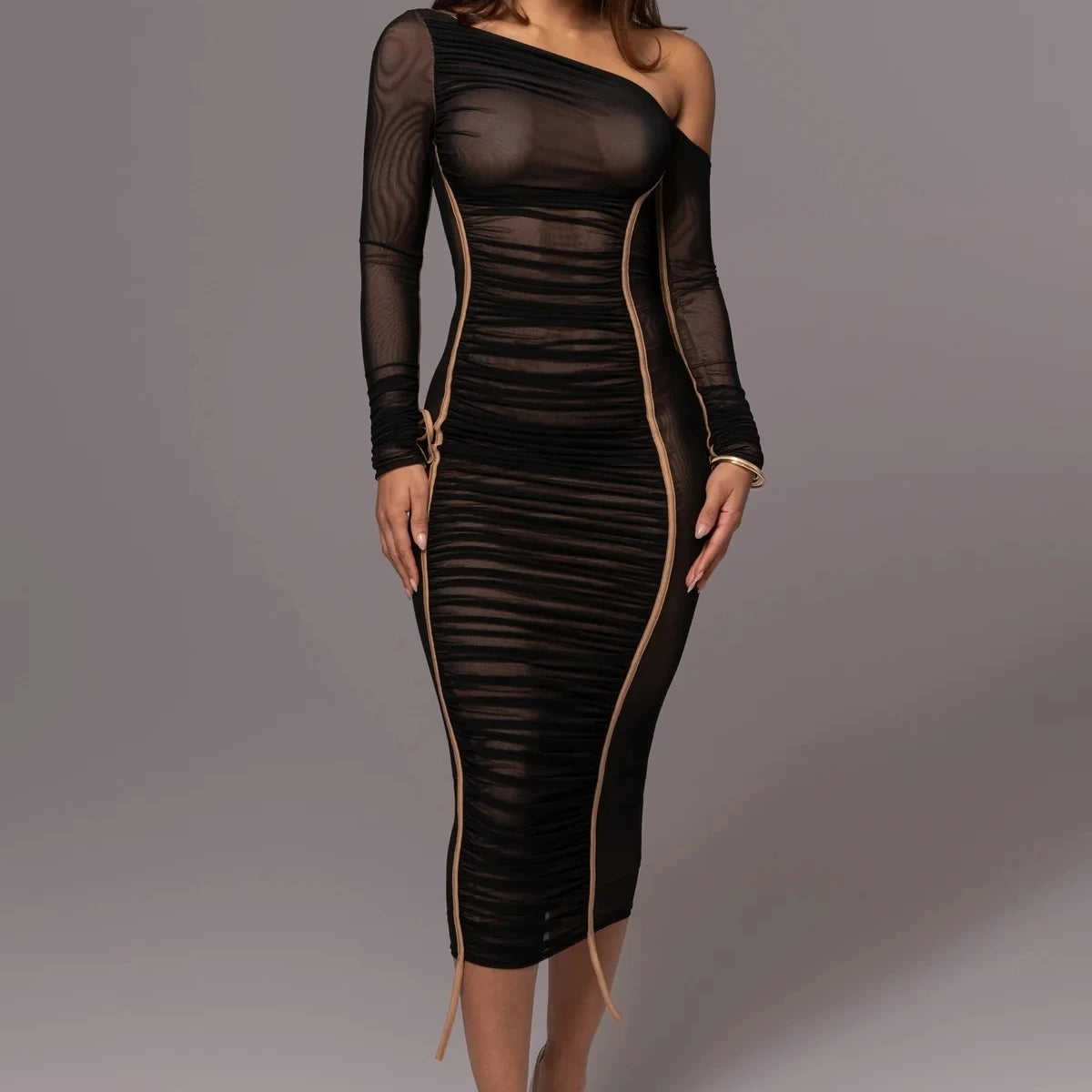 Elegant One Shoulder Long Sleeve Midi Dress – Bodycon Ruched Party Outfit