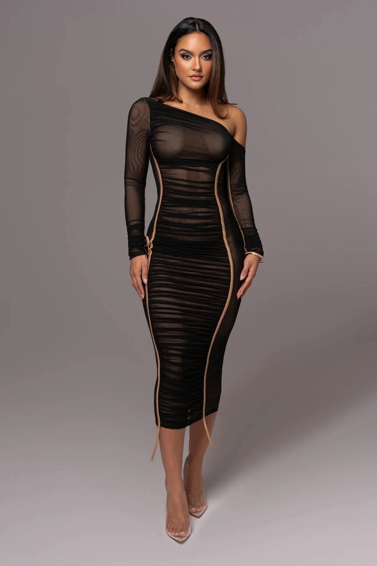 Elegant One Shoulder Long Sleeve Midi Dress – Bodycon Ruched Party Outfit