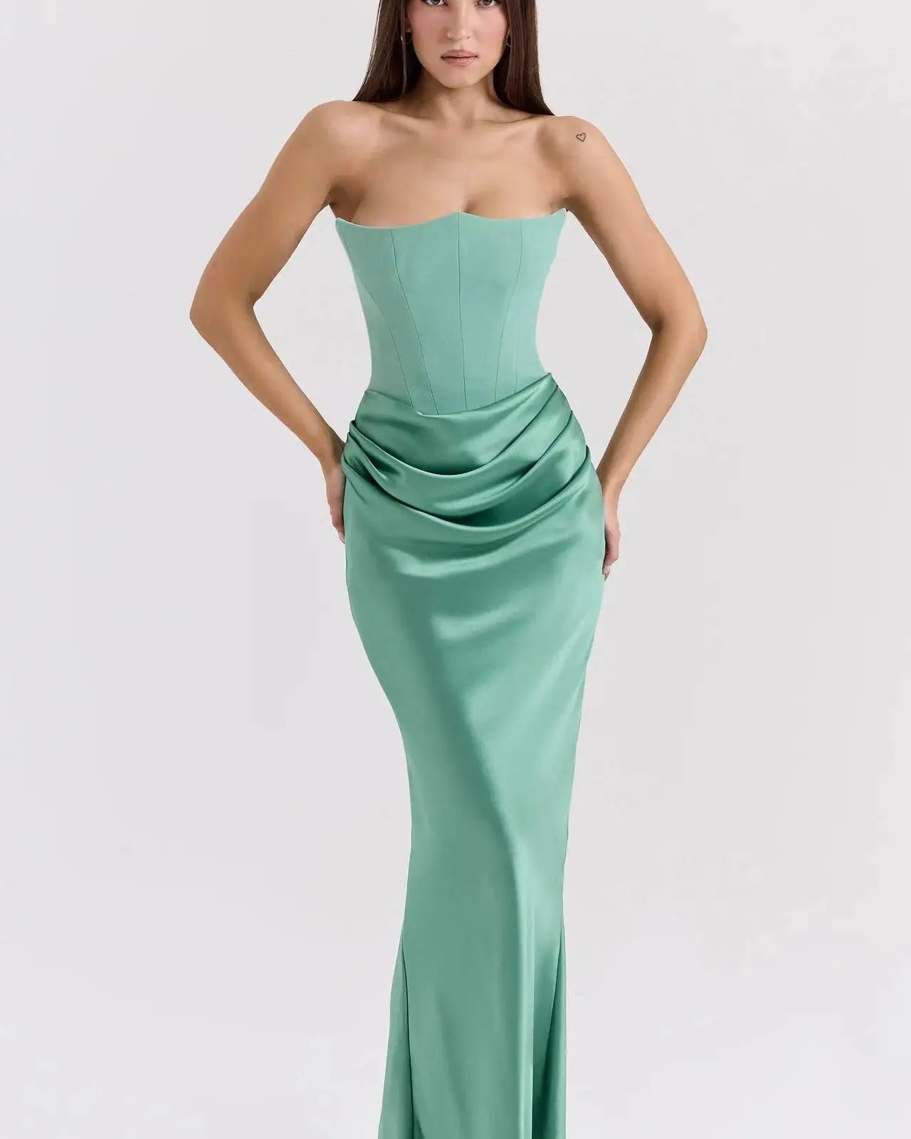 Satin Corset Strapless Maxi Dress – Elegant Off Shoulder Evening Gown