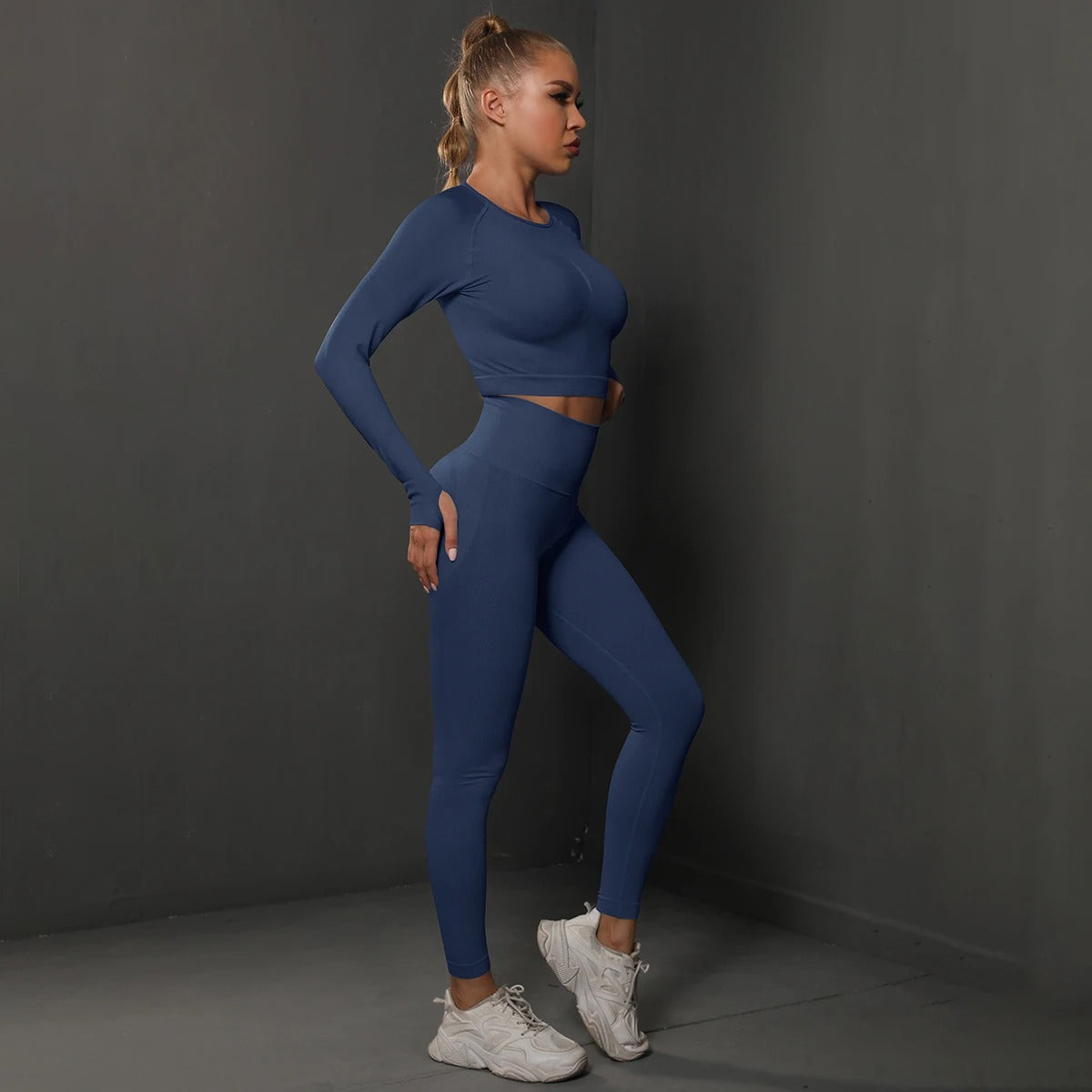 Seamless Yoga Set – Long Sleeve Crop Top & High Waist Leggings Gym Activewear