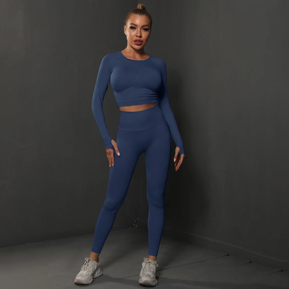 Seamless Yoga Set – Long Sleeve Crop Top & High Waist Leggings Gym Activewear