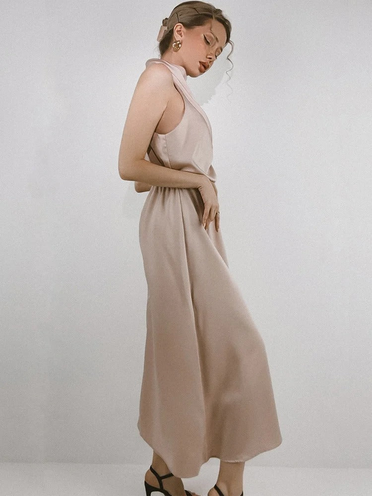 Satin Halter Neck Evening Dress Formal Gown