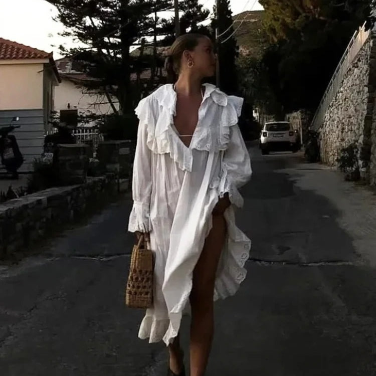 White Ruffle Maxi Dress – Loose Boho V Neck Long Sleeve Gown