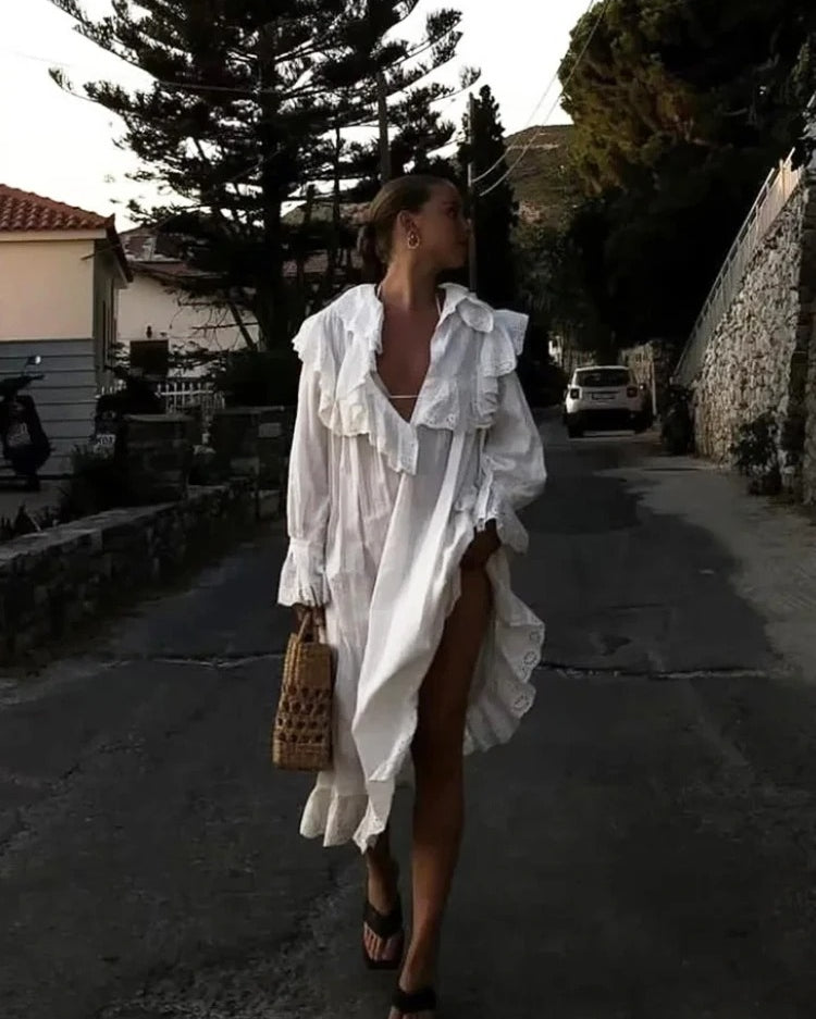 White Ruffle Maxi Dress – Loose Boho V Neck Long Sleeve Gown