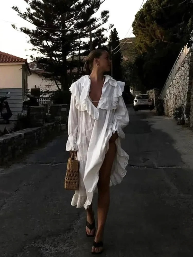 White Ruffle Maxi Dress – Loose Boho V Neck Long Sleeve Gown