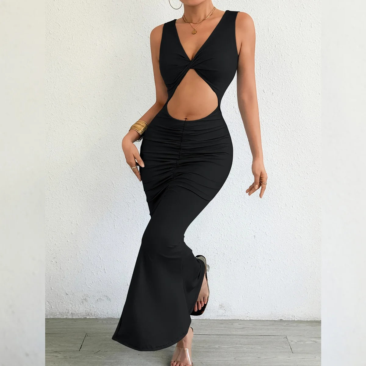 Cut Out Maxi Dress – Sleeveless Ruched Bodycon Evening Party Gown