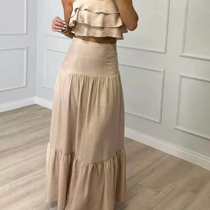 Beige Linen Two Piece Set – Ruffled Crop Top and Tiered Maxi Skirt