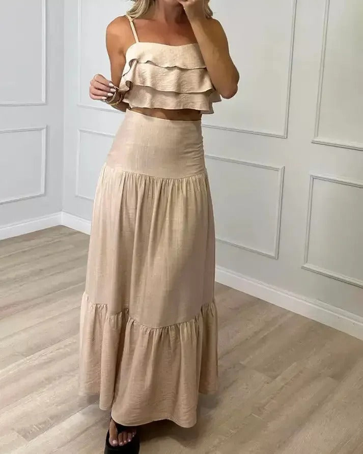 Beige Linen Two Piece Set – Ruffled Crop Top and Tiered Maxi Skirt