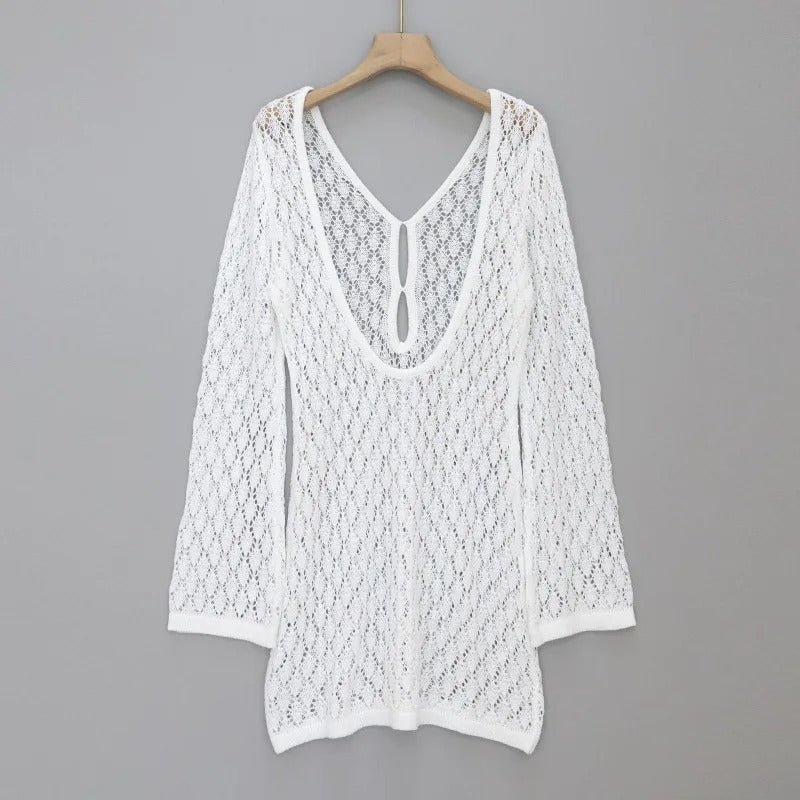 Crochet Knit Mini Dress – Long Sleeve Beach Cover Up