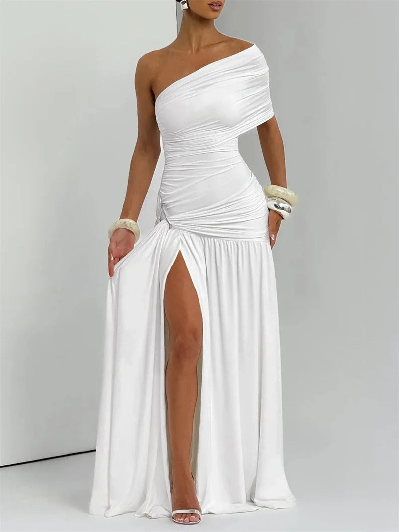 One Shoulder Maxi Dress – Ruched High Slit Gown