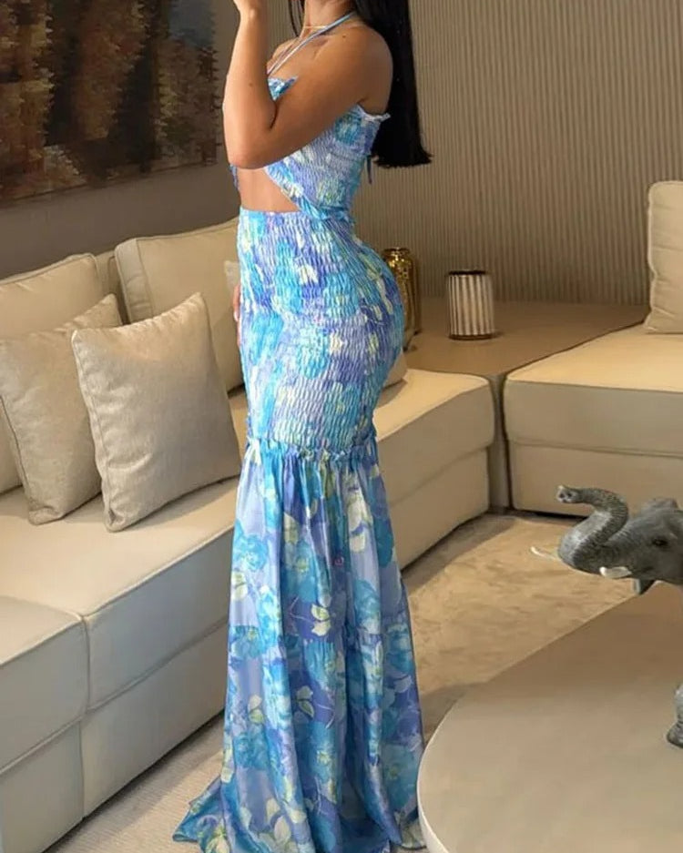 Palm Print Two Piece Set – Strapless Cut Out Ruffle Beach Dress