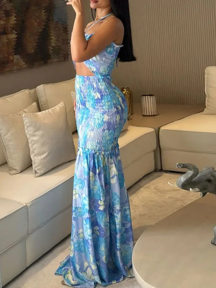 Palm Print Two Piece Set – Strapless Cut Out Ruffle Beach Dress