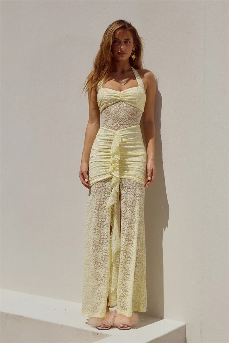 Lace Halter Maxi Dress – Elegant Ruched Summer Party Gown