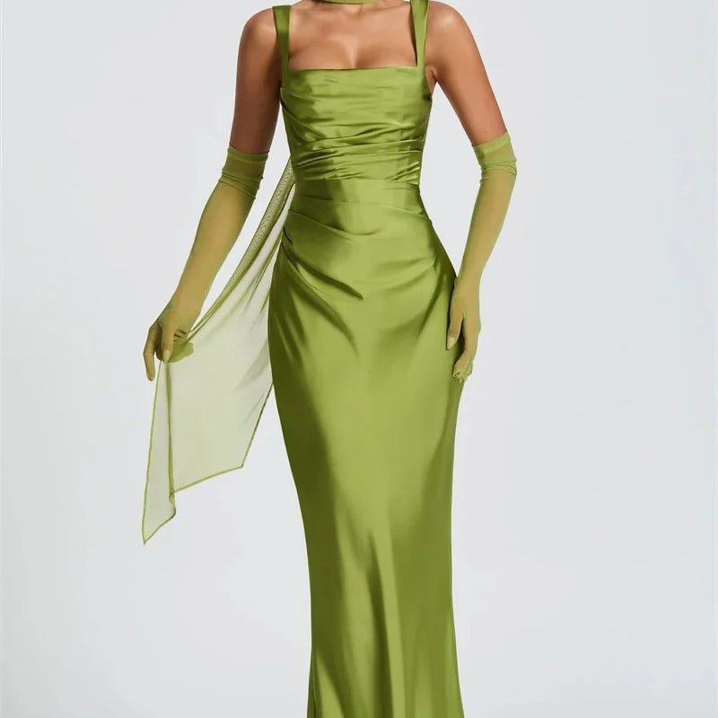 Elegant Lace Up Satin Backless Maxi Dress – Evening Gown