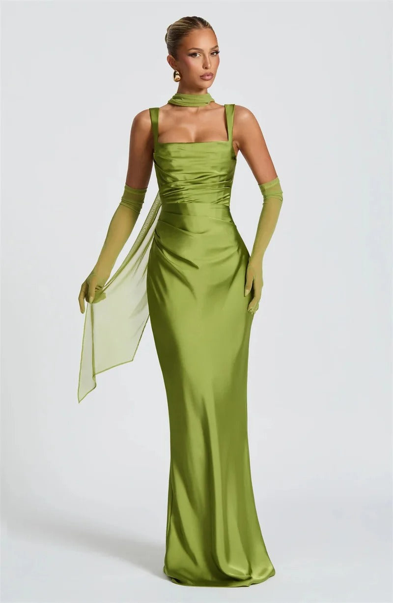 Elegant Lace Up Satin Backless Maxi Dress – Evening Gown