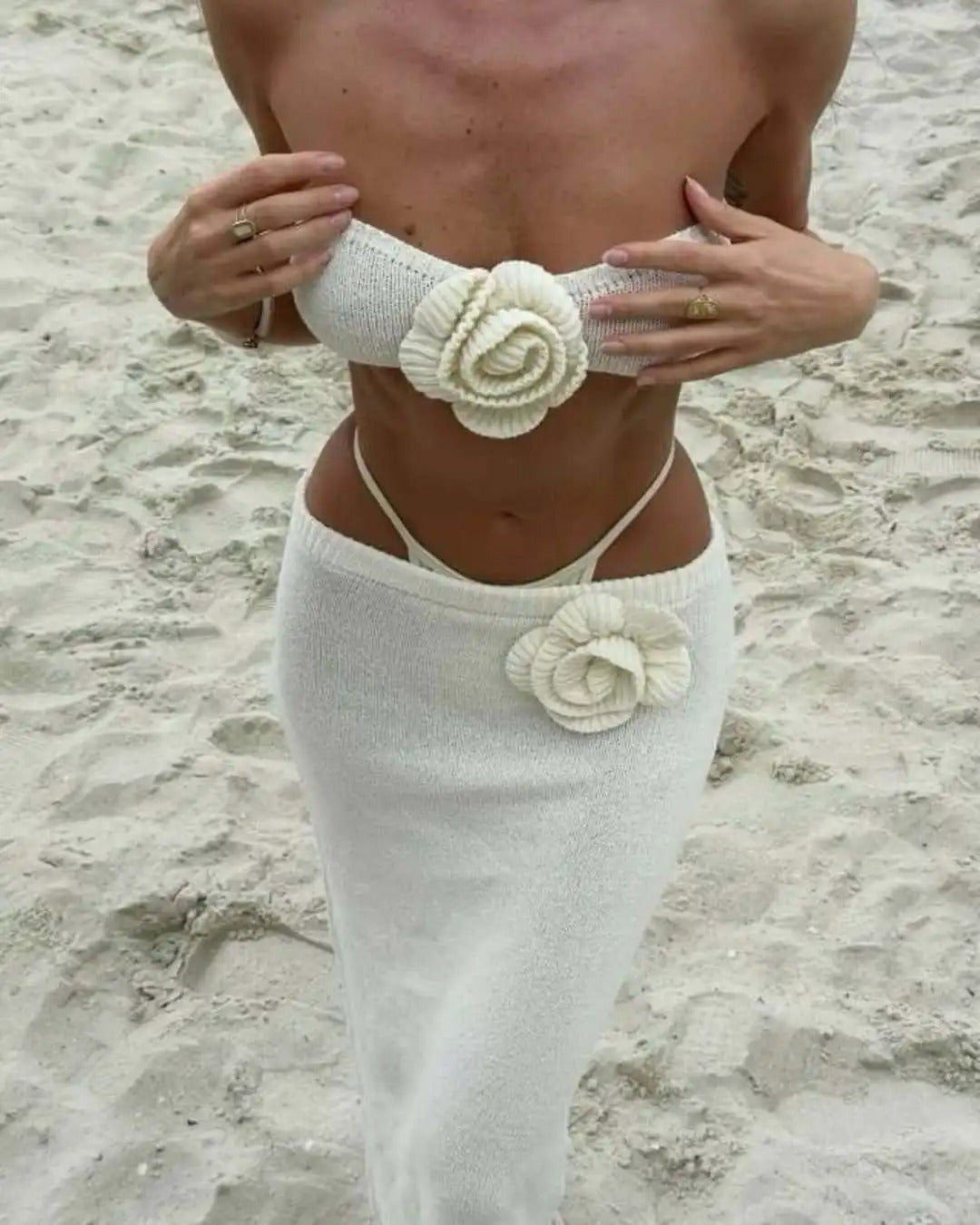 Knit Two Piece Set – Strapless Crop Top & Maxi Skirt Beach Outfit