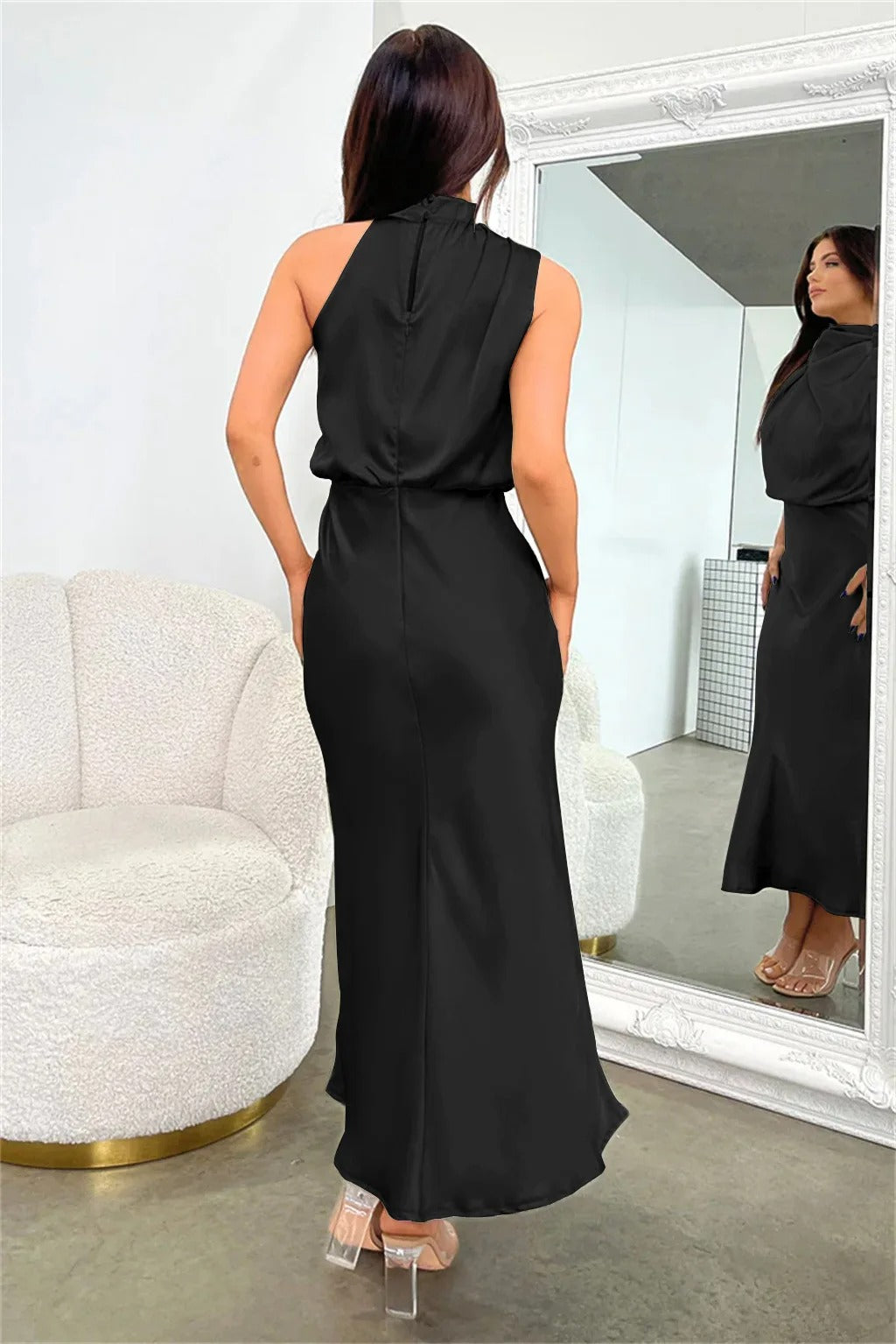 Satin Halter Neck Evening Dress Formal Gown
