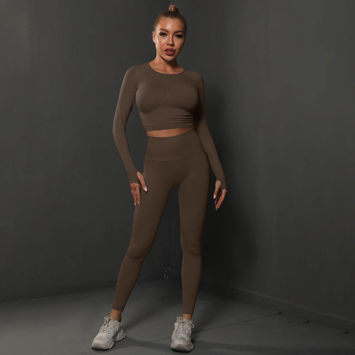 Seamless Yoga Set – Long Sleeve Crop Top & High Waist Leggings Gym Activewear