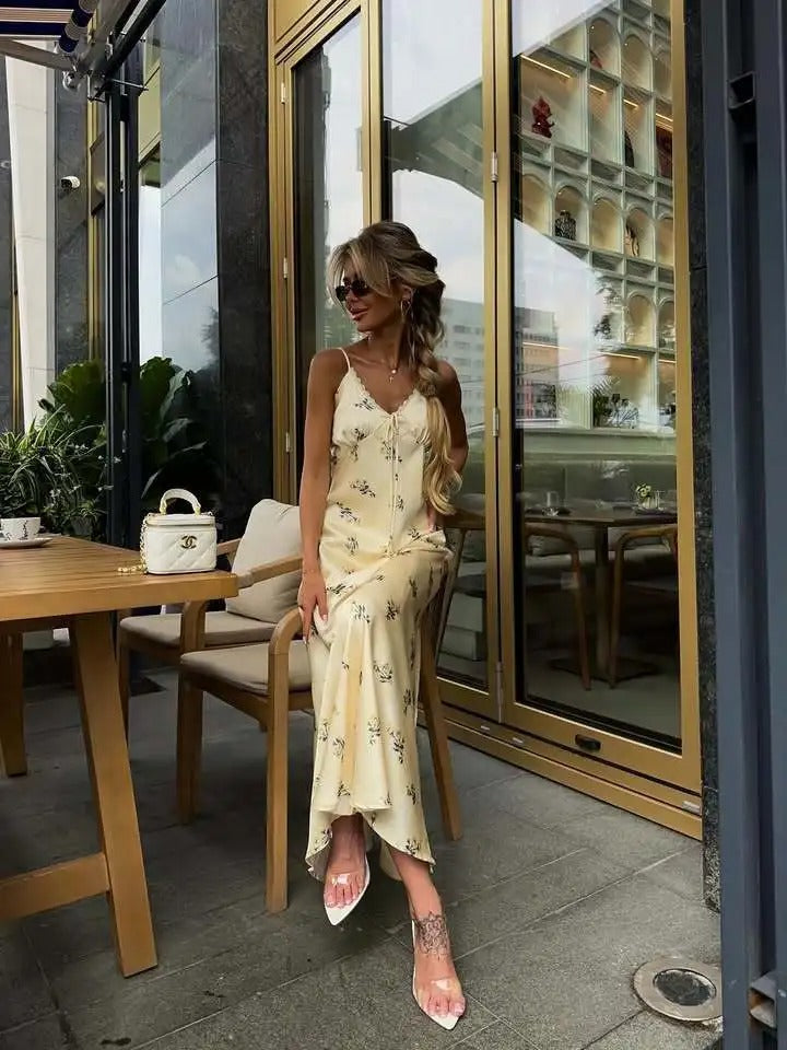 Elegant Floral Satin Maxi Dress for Women – Spaghetti Strap Summer Party Gown